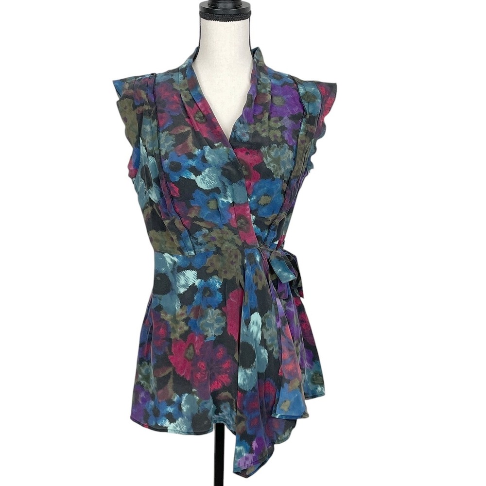 Fei Anthropologie Womens Silk Floral Ruffle Trim Wrap Top 6 Dark Boho Feminine